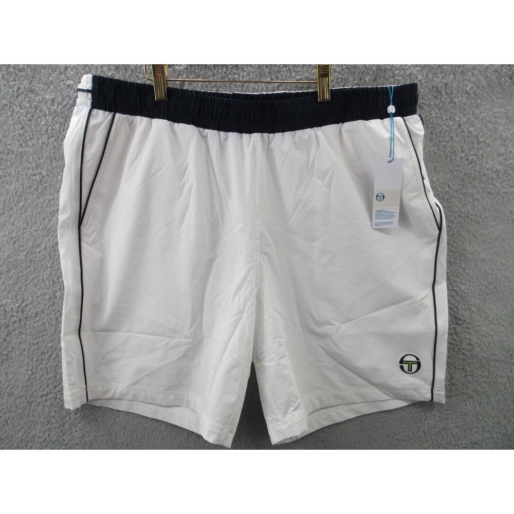 NWOT Sergio Tacchini TCP Shorts Mens Size XXL Mesh Lined WHITE NAVY BLUE Shorts - Picture 2 of 13